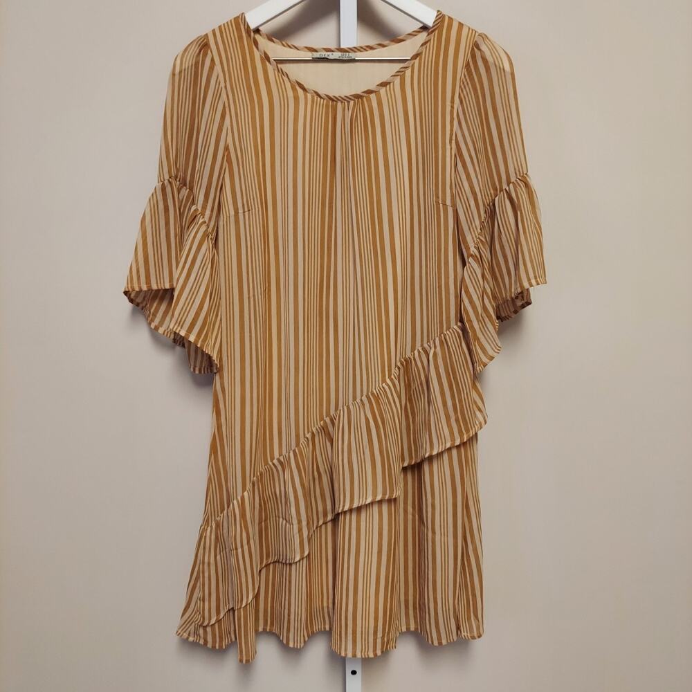 Dex Womens Striped Bell Sleeve Ruffle Hem Mini Dress Mustard Yellow Cream Small